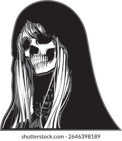 Gótico Skull Girl in Black Hood - Ilustração monocromática