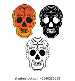 Gothic Skull Icon, Death Symbol Concept, Skull Silhouette Flat Vector Illustration T-Shirt, Halloween Spooky Card Design, Mexican Dia De Los Muertos Day of The Dead Holiday Skulls Design.