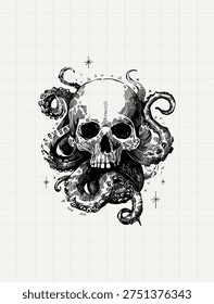 Gothic Skull with Octopus Tentacles Vintage Engraving Illustration