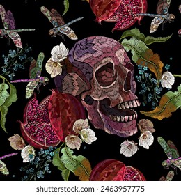 Gothic skull, pomegranate fruits birds and white flowers. Seamless pattern. Embroidery, template clothes, t-shirt design, textile design