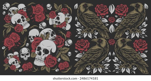 Gothic Skull and Raven Seamless Pattern with Roses design for tshirt