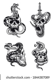 Gothic skull and snake vector illustration set. Vintage monochrome dead head with sword isolated vector illustration collection. Design elements for tattoo concept can be used for retro template