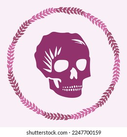 Gotische Schädelvektorgrafik in viva magenta. Tätowierter Blockdruck des Vintage Skeletts. 