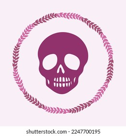 Gothic skull vector illustration in viva magenta. Tattoo style block print of vintage skeleton. 