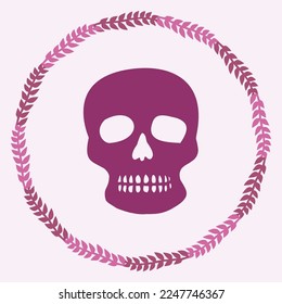 Gothic skull vector illustration in viva magenta. Tattoo style block print of vintage skeleton. 