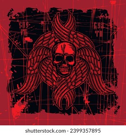 Gothic skull with wings (Hand drawn vector image), grunge vintage design t shirts
