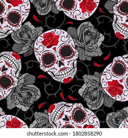 Gothic skulls, roses and thorns. Devilish vector pattern.