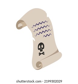 Gothic spells on parchment with a witch skull and paper scroll. Festive decoration for halloween and holiday. Vector flat illustration