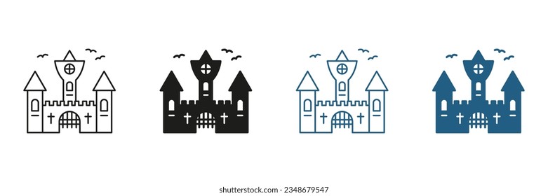 Gothic Spooky Castle Pictogram Black and Color Set. Vampire Dracula Scary Castle Line and Silhouette Icons. Dark Old Castle for Halloween Celebration Symbols. Isolated Vector Illustration.