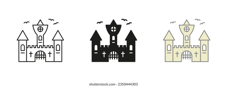 Gothic Spooky Castle Pictogram Black and Color Set. Vampire Dracula Scary Castle Line and Silhouette Icons. Dark Old Castle for Halloween Celebration Symbols. Isolated Vector Illustration.