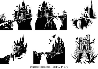 Gothic spooky castle silhouettes set, haunted medieval fortress with bats and dead trees, dark fantasy palace vector illustrations for Halloween