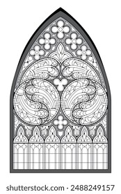 Vitral gótico de la iglesia francesa. Dibujo en blanco y negro para colorear libro. Arquitectura medieval en Europa occidental. Página educativa. Página para colorear para niños. Vector Imagen.