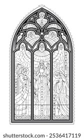 Gothic stained glass window from French church. Illustration of Holy Apostles. Hand drawn vector. Black and white drawing for coloring book. Medieval architecture in western Europe.