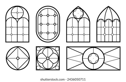 Gothic stained glass window pattern in black and white outline drawing, linear vector illustration isolated on white background. Stained glass windows set.