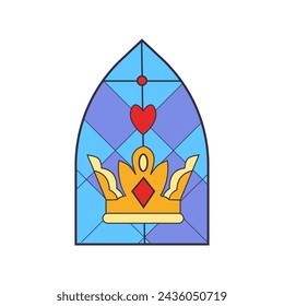 Gothic stained glass window. Vector illustration of church art featuring a golden crown and heart, colorful mosaics and medieval patterns suitable for background or decoration.