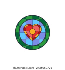 Gothic stained glass window. A vector illustration of church art depicting a symbol of love, a heart, colorful mosaics and medieval patterns suitable for background or decoration.