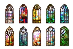 Gothic Stained Glass Windows. Church Medieval Arches. Catholic Cathedral Mosaic Frames. Old Architecture Design. Vector Set.