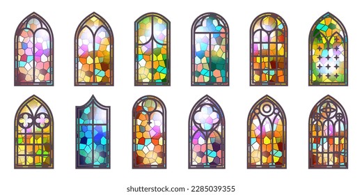 Gothic stained glass windows. Church medieval arches. Catholic cathedral mosaic frames. Old architecture design. Vector set.