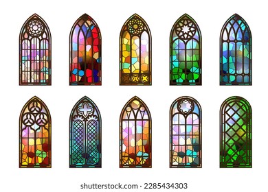Gothic stained glass windows. Church medieval arches. Catholic cathedral mosaic frames. Old architecture design. Vector set.