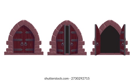 Gothic stone arch doors set, medieval dungeon entrance and mysterious portal vector illustration