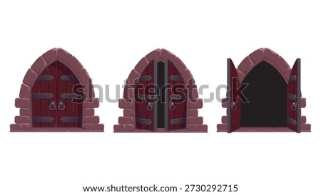 Gothic stone arch doors set, medieval dungeon entrance and mysterious portal vector illustration