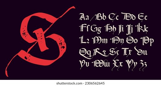 Gothic style alphabet. Calligraphy uppercase and lowercase letters. Antique vintage blackletter vector set. Medieval Germanic style font for tattoos, stylish calligraphy, luxury masthead, halloween.