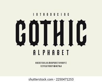 Gothic style alphabet design with uppercase, numbers and symbols