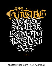 Gothic style alphabet. Vector. Letters and symbols on a black background. Calligraphy with a white marker. Medieval latin letters. Elegant font for tattoos. Ancient Germanic style.
