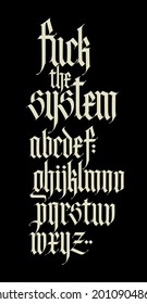 Gothic style alphabet. Vector. Letters and symbols on a black background. Calligraphy with a white marker. Medieval latin letters. Elegant font for tattoos. Ancient Germanic style.