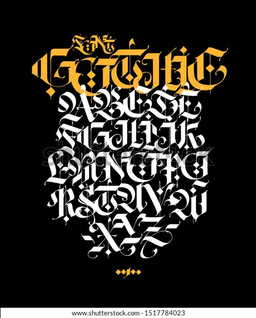 Gothic style\
alphabet. Vector. Letters and symbols on a black background.\
Calligraphy with a white marker. Medieval latin letters. Elegant\
font for tattoos. Ancient Germanic\
style.