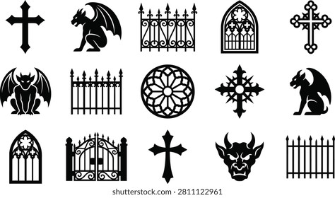 Gothic style architectural ornaments crosses gargoyles gates.