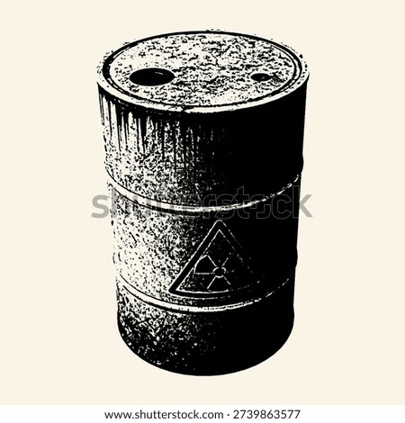 Gothic style black ink illustration of a rusted metal drum with a radiation hazard symbol. High contrast toxic waste barrel sketch isolated on a neutral background.