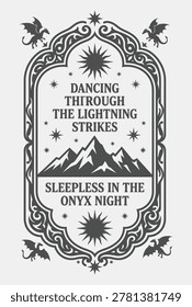 Gothic style book frame featuring flying dragons and mountain silhouette, sun and stars motifs, dark fantasy typography, ornate border illustration.