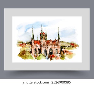 Gotisches Gebäude unter Bäumen in der Stadt Danzig in Polen auf Wandkunst. Aquarellkunst. Plakat mit großem Schloss für touristische Ausflüge unter blauem Himmel, im Rahmen mit Dekor für Print