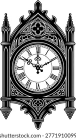 Gothic style clock tower face with roman numerals, architectural detail