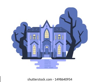 Gothic style haunted cottage. Halloween house or creepy house and trees on background. Flat vector illustration