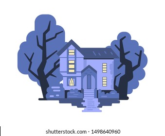 Gothic style haunted cottage. Halloween house or creepy house and trees on background. Flat vector illustration