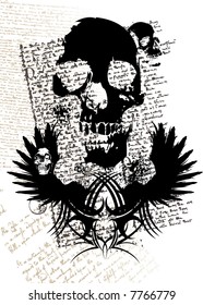 Gothic style illustration with a skull and old fashioned text