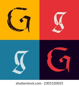 Gothic style letter G logo. Calligraphy uppercase and lowercase letters. Antique vintage blackletter vector set. Medieval Germanic font for tattoos, stylish calligraphy, luxury masthead, halloween.