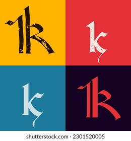 Gotische Buchstaben K Logo. Kalligrafie in Groß- und Kleinbuchstaben. Antiquitätencreme-Vektorset für Vintage. Mittelalterliche germanische Schriftart für Tätowierungen, stylische Kalligrafie, luxuriöses Masthead, Halloween.