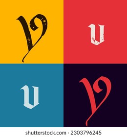 Logo de la letra gótica V. Caligrafía letras mayúsculas y minúsculas. Conjunto vectorial vintage antiguo. Tipo de letra germánica medieval para tatuajes, caligrafía elegante, mascara de lujo, halloween.