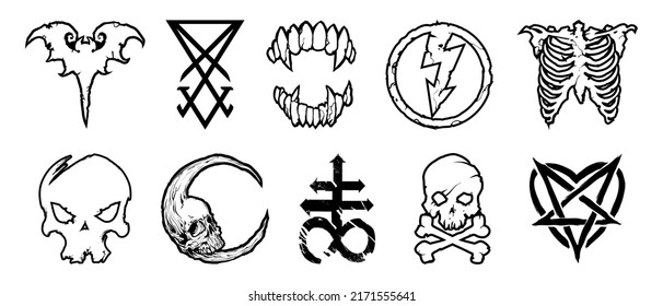 Diseño moderno de estilo gótico para impresiones: murciélago, lucifer, dientes, relámpago, hueso de pecho, cráneo lunar y pentagrama.Trazo impreso para horror o Halloween.Dibujo a mano aislado en fondo blanco.Vector EPS10