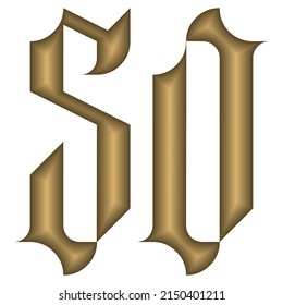 Estilo Gótico Número Cincuenta Vectores Ilustración. Calligráfico Dorado Número 50 En Estilo Gótico Aislado En Un Fondo Blanco. Número de cosecha
