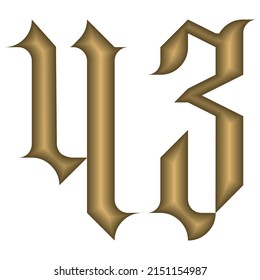 Gotische Stilnummer 43 Vektorgrafik. Goldene kalligraphische Nummer 43 im gotischen Stil einzeln auf weißem Hintergrund. Vintage-Zahl

