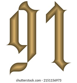 Estilo Gótico Número Noventa Y Un Vector Ilustración. Calligráfico Dorado Número 91 En Estilo Gótico Aislado En Un Fondo Blanco. Número de cosecha
