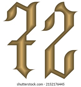 Gotische Stilnummer siebzig zwei Vektorgrafik. Goldene Kalligraphie Nr. 72 im gotischen Stil einzeln auf weißem Hintergrund. Vintage-Zahl
