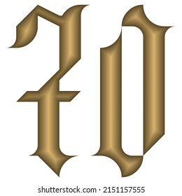 Gothic Style Number Seventy Vector Illustration. Golden Calligraphic Number 70 In Gothic Style Isolated On A White Background. Vintage Number
