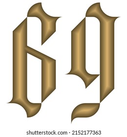 Gothic Style Number Sixty Nine Vector Illustration. Golden Calligraphic Number 69 In Gothic Style Isolated On A White Background. Vintage Number

