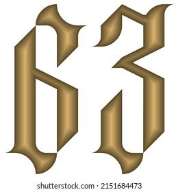 Gothic Style Number Sixty Three Vector Illustration. Golden Calligraphic Number 63 In Gothic Style Isolated On A White Background. Vintage Number
