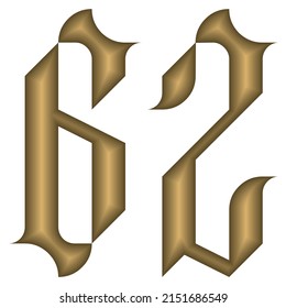 Gothic Style Number Sixty Two Vector Illustration. Golden Calligraphic Number 62 In Gothic Style Isolated On A White Background. Vintage Number
